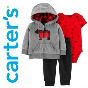 NWT Carter’s Buffalo Plaid 3-Piece Bear Gray Hoodie Set Baby Boy 24M